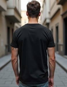 Bărbat văzut din spate, purtând un tricou negru, stând pe o alee între clădiri.