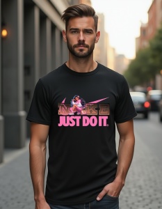 Bărbat purtând un tricou negru cu un design inspirat de Nike. Pe tricou apare textul „NIKE” cu sloganul „JUST DO IT” într-o combinație de culori maro și roz. În design este inclus un personaj animat popular(Fashion Girl), ceea ce adaugă un element jucăuș 
