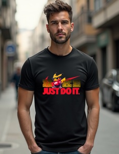 Bărbat purtând un tricou negru cu un design personalizat Nike. Logo-ul „NIKE” și sloganul „JUST DO IT” sunt evidențiate în culori roșii și portocalii, iar între literele „N” și „I” apare un personaj simpatic, Pikachu, aducând o notă jucăușă și vibrantă de