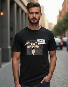 Bărbat purtând un tricou negru cu un design grafic al unui personaj de desene animate ținând o pancartă pe care scrie 'Same shit everyday'.
