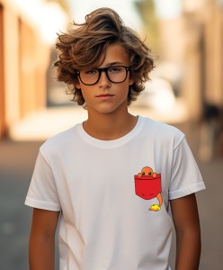 Tricou personalizat pentru copii din bumbac 100% cu imprimeu de buzunar - Charmander din Pokémon - Tricou pentru antrenorii Pokémon - Img 3