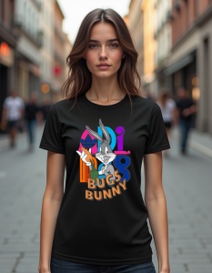 Femeie purtând un tricou negru cu un design colorat al unui personaj animat cu urechi lungi, alături de textul 'Bugs Bunny' și elemente grafice stilizate