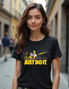 Tricou negru purtat de o femeie, având un design cu logo-ul 'Nike' stilizat în gri și galben, cu sloganul 'Just Do It' dedesubt. Logo-ul este însoțit de un personaj animat care pare să țină o cutie de mâncare, în fața unui swoosh galben stilizat.