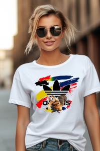 Femeie purtând ochelari de soare și un tricou alb cu un design de personaj animat din Ice Age, pe un fundal cu logo stilizat Adidas și culori vibrante