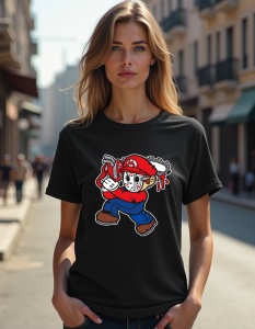 Femeie purtând un tricou negru cu un design de personaj animat purtând o mască și ținând o drujbă, într-un stil artistic neobișnuit