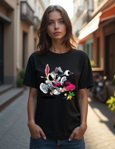 Femeie purtând un tricou negru cu un design de personaje animate într-o scenă haioasă, cu expresii exagerate și culori vibrante
