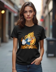 Femeie purtând un tricou negru cu un design de personaj animat cu păr blond ridicat, înconjurat de un simbol galben și textul 'Just Do It' sub el