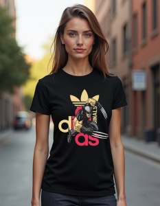 Femeie purtând un tricou negru cu un design Adidas personalizat, având un personaj de benzi desenate cu gheare și logo-ul Adidas în fundal