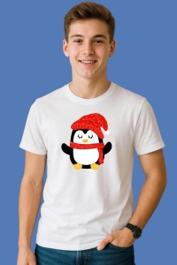 Tricou Pinguin Cu Costum Mos Craciun, din bumbac 100%, tricou alb, Copii | Dama | Barbat