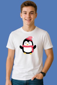 Tricou Pinguin Cu Fular Rosu, din bumbac 100%, tricou alb, Copii | Dama | Barbat - Img 3