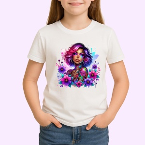 Tricou pink hair tattoo girl floral power, fata cu par roz si putere florala, Copii | Dama | Barbat