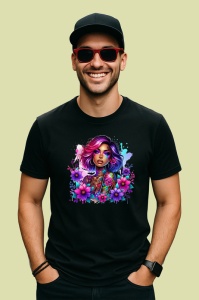Tricou Pink hair tattoo girl floral power, fata cu par roz si putere florala, Copii | Dama | Barbat , tricou negru - Img 4