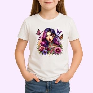Tricou pink purple hair girl flower tattoo, fata par roz mov cu tatuaj floral, Copii | Dama | Barbat