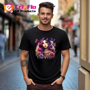 Tricou Pink purple hair girl flower tattoo, fata par roz mov cu tatuaj floral, Copii | Dama | Barbat , tricou negru - Img 10