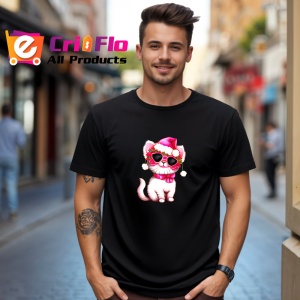 Tricou Pisica alba cu caciula si soseta rosie fundal alb Copii | Dama | Barbat, culoare negru