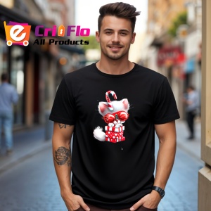 Tricou Pisica alba cu cadou si ochelari de Craciun Copii | Dama | Barbat, culoare negru - Img 6