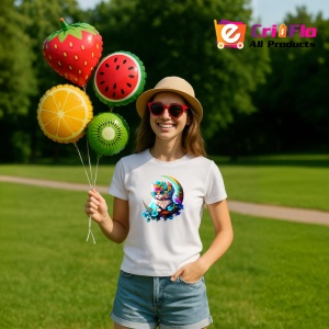 Tricou Pisica alba cu flori albastre si ochelari fundal alb Copii | Dama | Barbat