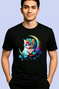 Tricou Pisica alba cu flori albastre si ochelari fundal alb Copii | Dama | Barbat, culoare negru - Img 2