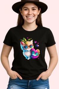 Tricou Pisica alba cu flori galbene si fundal curat Copii | Dama | Barbat, culoare negru - Img 3