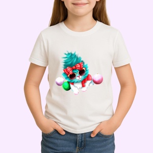 Tricou Pisica alba cu fundal albastru si fundita rosie Copii | Dama | Barbat - Img 4