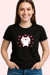 Tricou Pisica Alba Fericita Inimioare, din bumbac 100%, tricou negru, Dama | Barbat - Img 2