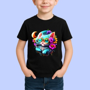 Tricou Pisica alba pe luna cu flori albastre fundal deschis Copii | Dama | Barbat, culoare negru
