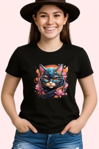 Tricou Pisica albastra cu flori roz fundal artistic Copii | Dama | Barbat, culoare negru - Img 3