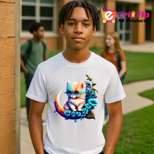 Tricou Pisica albastra pe luna cu flori fundal alb Copii | Dama | Barbat - Img 4