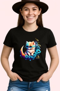 Tricou Pisica albastra pe luna cu flori fundal alb Copii | Dama | Barbat, culoare negru - Img 2