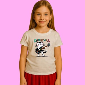 Tricou Pisica Cantand La Chitara De Craciun, din bumbac 100%, tricou alb, Copii | Dama | Barbat - Img 2