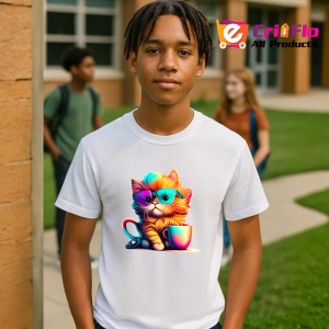 Tricou Pisica colorata cu ochelari si cana portocalie Copii | Dama | Barbat - Img 4