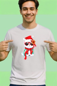 Tricou Pisica Craciun cu baston rosu si esarfa cu buline Copii | Dama | Barbat