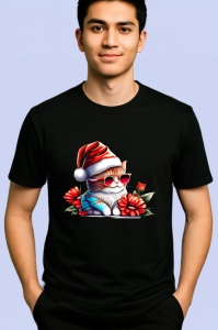 Tricou Pisica Craciun cu caciula rosie si fundal negru Copii | Dama | Barbat, culoare negru - Img 2