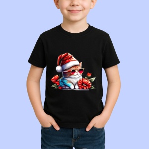 Tricou Pisica Craciun cu caciula rosie si fundal negru Copii | Dama | Barbat, culoare negru - Img 4