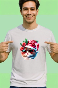 Tricou Pisica Craciun cu floare rosie si ochelari fundal alb Copii | Dama | Barbat