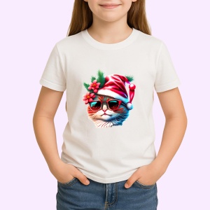 Tricou Pisica Craciun cu floare rosie si ochelari fundal alb Copii | Dama | Barbat - Img 3