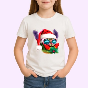 Tricou Pisica Craciun cu ochelari si fundal alb pur Copii | Dama | Barbat - Img 4