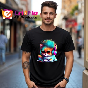 Tricou Pisica cu barba si ochelari rotunzi stil retro Copii | Dama | Barbat, culoare negru