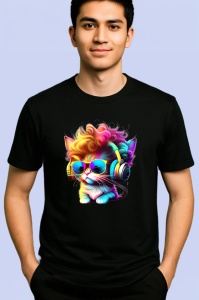 Tricou Pisica cu bucle aurii si casti pop art Copii | Dama | Barbat, culoare negru - Img 2