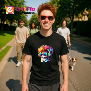 Tricou Pisica cu bucle aurii si casti pop art Copii | Dama | Barbat, culoare negru - Img 5