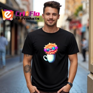 Tricou Pisica cu cana alba si flori colorate in par Copii | Dama | Barbat, culoare negru