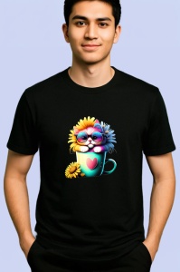 Tricou Pisica cu cana de cafea si ochelari albastri Copii | Dama | Barbat, culoare negru - Img 2