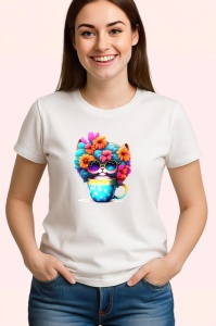 Tricou Pisica cu flori in par si cana cu buline fundal alb Copii | Dama | Barbat - Img 3