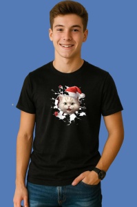 Tricou Pisica Cu Fundal Alb Craciun, din bumbac 100% Copii | Dama | Barbat