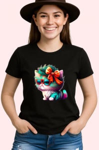 Tricou Pisica cu fundita rosie si blana curcubeu Copii | Dama | Barbat, culoare negru - Img 3