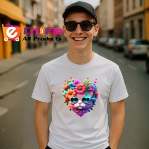 Tricou Pisica cu ochelari in forma de inima si flori roz Copii | Dama | Barbat - Img 5