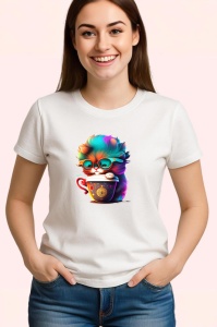 Tricou Pisica cu ochelari mari si cana cu aburi aurii Copii | Dama | Barbat - Img 3