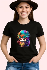 Tricou Pisica cu ochelari mari si cana cu aburi aurii Copii | Dama | Barbat, culoare negru - Img 3