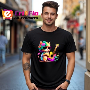 Tricou Pisica cu ochelari si chitara mov fundal alb Copii | Dama | Barbat, culoare negru