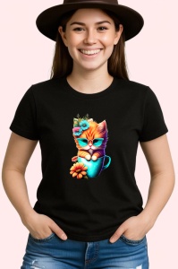 Tricou Pisica cu ochelari si flori intr o cana albastra Copii | Dama | Barbat, culoare negru - Img 3